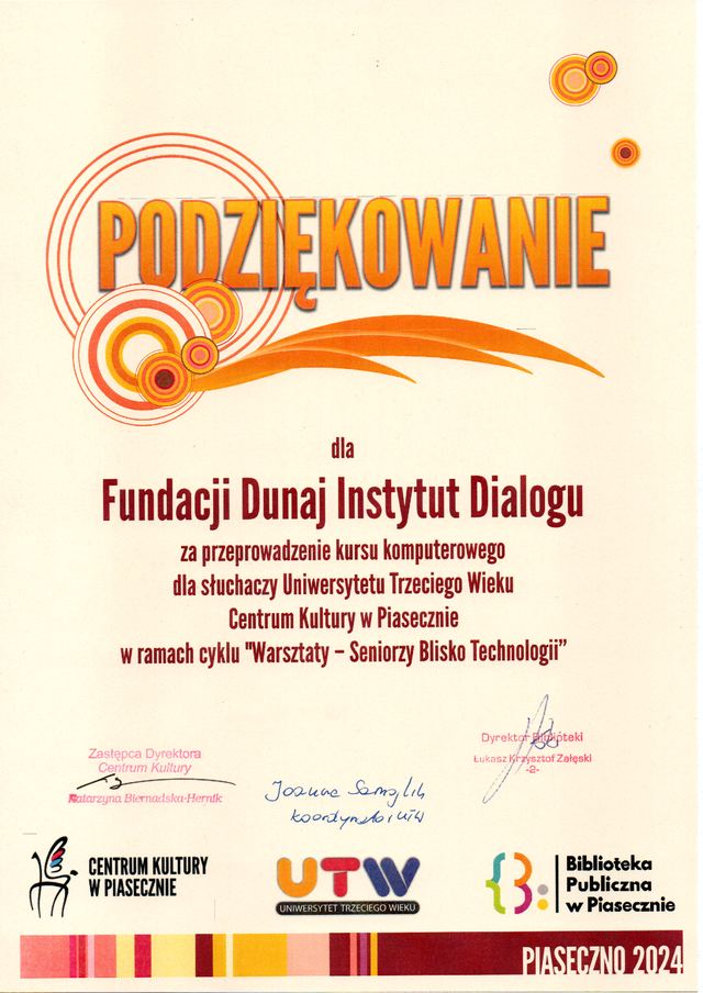Podziękowanie dla Fundacji Dunaj Instytut Dialogu — skan 01