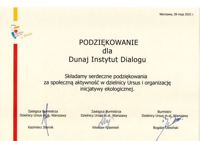 Podziękowanie dla Fundacji Dunaj Instytut Dialogu — skan 02